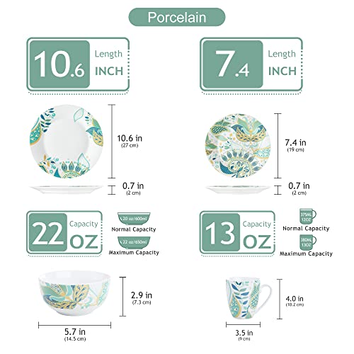 Veweet 16 Piece Round Dinnerware Set, Porcelain Dish Set, Dishwasher Safe Plates And Bowls Sets For 4, Elina Series #TOP2