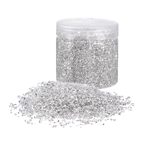 QUARKZMAN 454g de Vidrio Triturado 3-6mm Brillante Electrochapado Irregular Astillas de Vidrio Roto para Manualidades, Decoración de Arte de Resinao de Jarrón, Tono Plateado