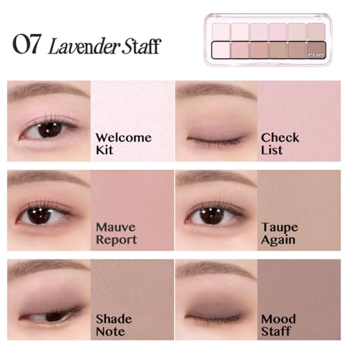 Image of CLIO Pro Eye Palette Air, 12-Color Eye Shadow Palette, Matte Shimmer Mix, Air-Fit Blendable Pigmented Buildable Color, Low Fallout, Cool Mauve Neutral Tone, Daily Korean Makeup (07 LAVENDER STAFF)