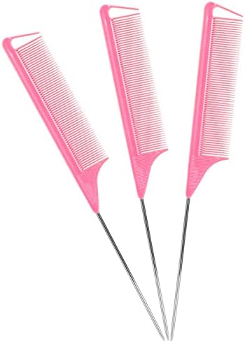 Rat Tail Combs Teasing Comb:3Pack Rat Tail Combs Set,Hair Stylists Styling Comb,Long Steel Pin Rat Tail Teasing Comb,Parting Combs for Women Great for All Hair Types(Pink）
