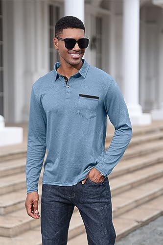 Mens Fashion Polo Shirts Cotton Classic Long Sleeve Thermal Button Shirt with Pocket2
