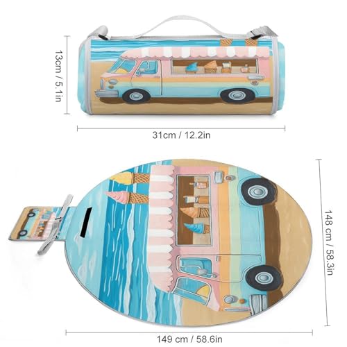 Manta de picnic redonda para playa y parque con diseño de camión de helados 4