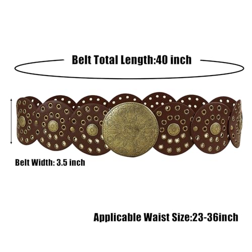 KJMYYXGS Chunky Belts for Women Western Style, Boho Wide Disc Concho Leather Waist Belt Vintage Country Circle y2k Belt2