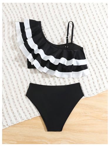SweatyRocks Girl's Ruffle One Shoulder Swimsuit 2 Piece Bikini Sets Bathing Suit Beachwear2