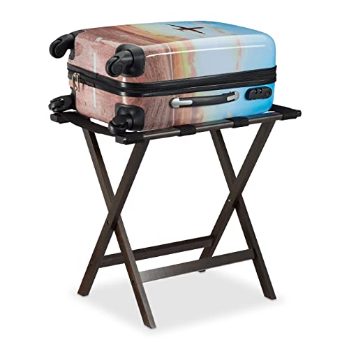 Relaxdays Porte-Bagages Pliant en Bambou, Rack pour Bagages : Valises & Sacs de Voyage, 53,5x58x36,5cm, Marron Foncé