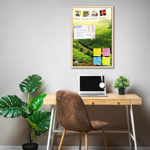 Image of ArtzFolio Tea Plantations, Munnar, Kerala | Bulletin Board Notice Pin Board | Vision Soft Board Combo with Thumb Push Pins & Sticky Notes | Natural Brown Frame | 20 x 30 inch (51 x 76 cms)