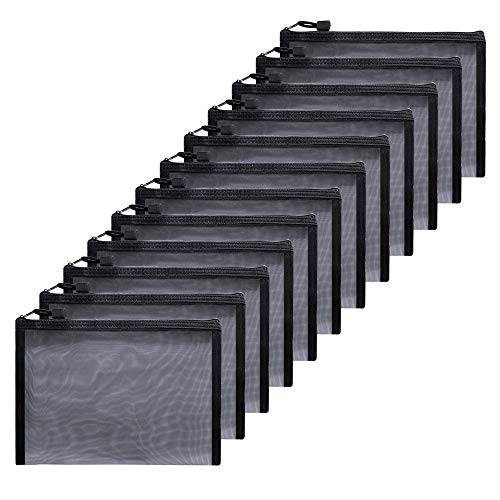 12pcs Black Mesh Cosmetics Bag Carry Makeup Bag Zipper Compact Travel Pouch Organizer for Toiletry Pencil Case