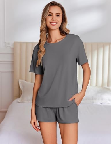 Image of Ekouaer Pajama Set for Women Viscose from Bamboo Short Sleeve Tops and Shorts Set 2 Piece Lounge Set