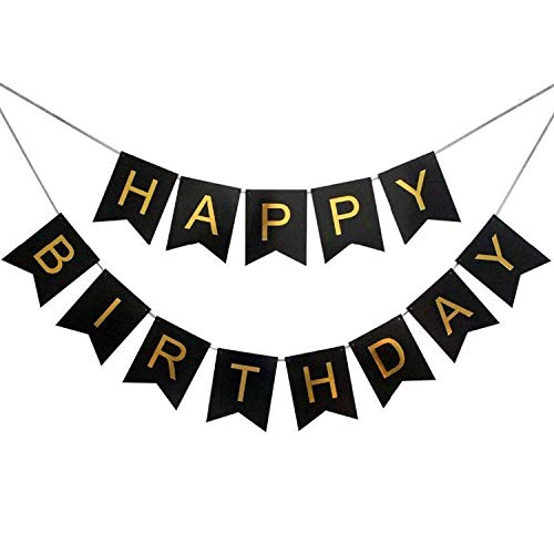 Image of Wanna Party Black Happy Birthday Banner for Boys,Girls,Kids,Husband,Boyfriend with Shiny Gold Letters for Happy Birthday Decorations for All Age Groups