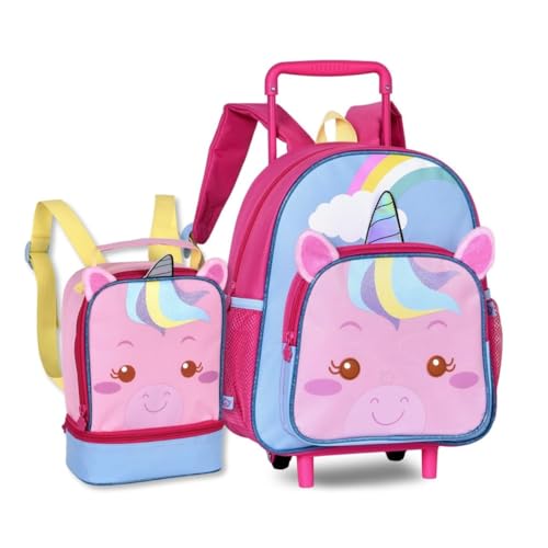 Mochila Carrinho e Lancheira Térmica Unicórnios Kit Infantil Clio Pets (Rosa)