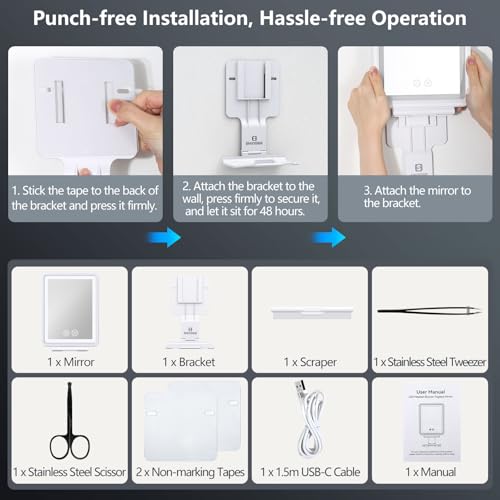 Image of Heated Shower Mirror Fogless for Shaving, Anti-Fog Mirror for Shower | 3 Colors Stepless Dimmable Lights, 5000mAh Rechargeable Battery with Razor Holder, No-Drilling, Light Memory Function