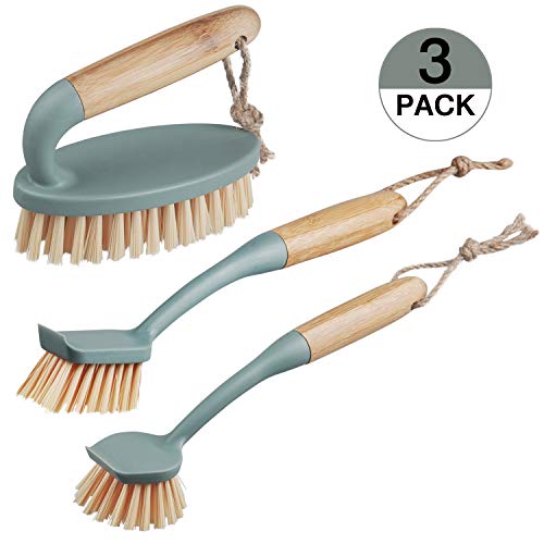 Life4u 3er Pack Spülbürste Reinigungsbürste mit Eingebautem Schaber und Bambusgriff für die Reinigung von Küche und Bad