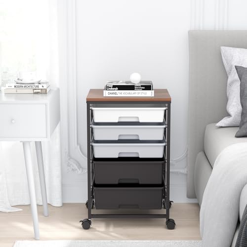 Image of SYKIARIOL Utility Cart with 5 Drawers,Storage Drawer Cart with Wooden Tabletop and Lockable Wheels,Craft Storage Trolley Cart,5-Tier Rolling Utility Cart on Wheels,Dark Grey