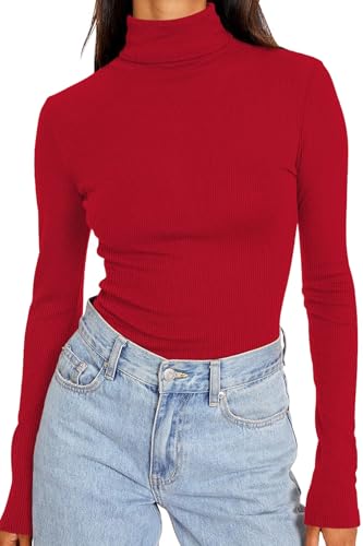 DUOEASE Top Mujer Básico Sólido Cuello Alto Camiseta Manga Larga Mujer Otono Invierno Slim Fit Elegantes Camisetas (Rojo S)