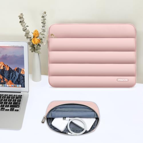 Image of MOSISO 13-14 inch Laptop Case, 13.3 inch Puffy Laptop Sleeve Compatible with MacBook Air 13 13.6 M3 M2 M1 /Pro 13 /Pro 14, HP, Dell, ASUS, Lenovo, Polyester Horizontal Bag with Small Case, Pink