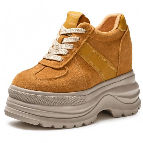 Image of Comfortable Women's Platform Sneakers, 5 Inch Heel Wedge Sneakers for Women, 12cm High Chunky Platform Shoes, Genuine Suede Leather Upper Casual Walking Shoes for Office Working Everyday wear
