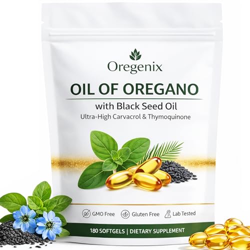 Oil of Oregano with Black Seed Oil Softgels: 2 in 1 Immune Support Oregano Oil Supplement with Ultra-High Potency Oregano Leaf Extract 165mg Carvacrol & Thymoquinone 180 Capsules
