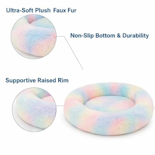 Image of ZEXSAZONE Summer Rainbow Plush Dog Bed - Anti-Anxiety Round Donut Pet Bed with Raised Edges | Soft Faux Fur Calming Bed for Puppies, Cats & Small Dogs | Machine Washable