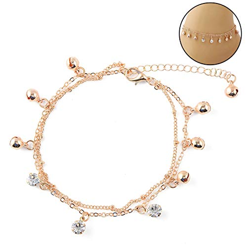 ink2055 Women Bell Rhinestone Charm Double Layer Anklet Foot Bracelet Beach Jewelry,Ankle Bracelets for Women Teen Girls Beach Jewelry Gifts2