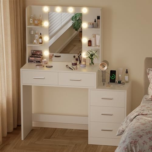 Image of Furmax Makeup Vanity Desk with Mirror and Power Outlet, Vanity with 3 Color Light Options Adjustable Brightness, Vanity Table with 5 Drawers, 6 Storage Shelves, Nightstands (White)