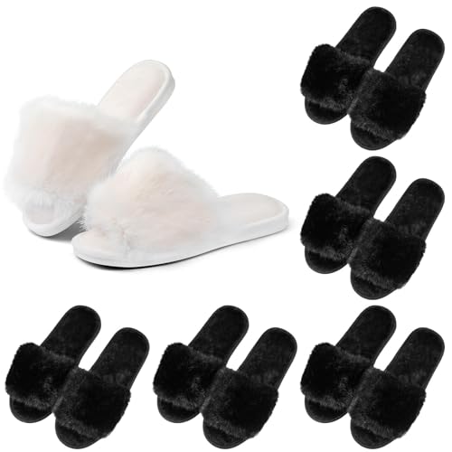 Image of Toulite 6 Pairs Bridesmaid Slippers Bulk, Black White Fuzzy Slippers for Women Fluffy Cozy Open Toe Soft Bride Slipper Wedding Ladies Furry House Shoes