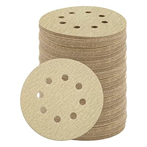 150Pcs Sanding Disc, SIJDIEE 220 Grit 5 Inch Gold Sanding Sheet, 8 Holes Dustless Hook and Loop Sandpaper for Random Orbit DA Sander Cover