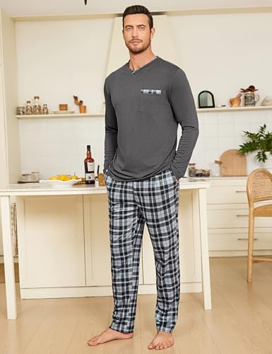 Leversic Piżama zimowa męska bawełniana piżama w kratę komplet bielizny nocnej z okrągłym dekoltem piżama z długim rękawem i długie spodnie do spania w kratę, Ciemnoszary, 4XL