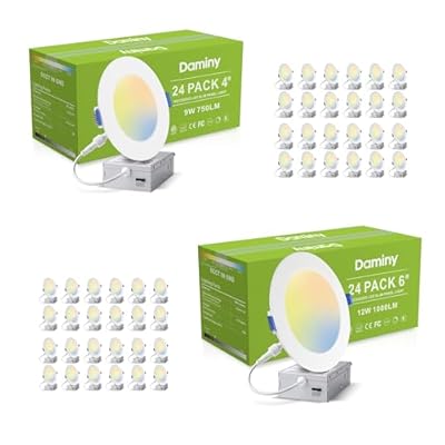 DAMINY 24 Pack 6 Inch/24 Pack 4 Inch LED Recessed Light with Junction Box,5CCT,Ultra-Thin,High Brightness-ETL