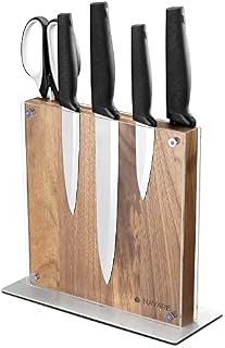 Navaris Wood Magnetic Knife Block - Double Sided Wooden Magnet Holder Board Stand for Kitchen Knives Utensils w/Acrylic Guard - Acacia 22.3 x 22 cm