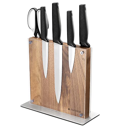 Navaris Bloc à Couteaux magnétique - Bloc aimanté Double Face en Bois d'acacia avec Plaque Protection Acrylique - Range Couteau de Cuisine Vide