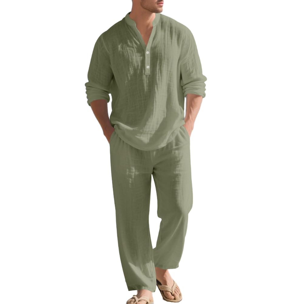 Hombre 2 Piezas de Algodón y Lino Mangas Larga Camisa Moda Camiseta + Pantalones de Playa Deportivos Pantalón Completo Casual Traje Conjuntos Primavera Verano