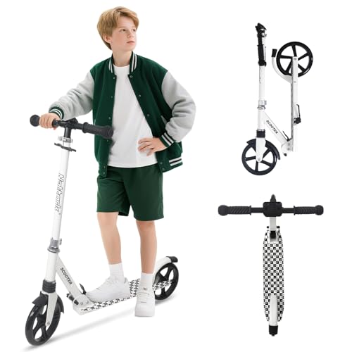 Nattork Kick Scooter for Kids 6+ Years Teens Adults - 220LB Weight Capacity, Front Shock Absorber and Adjustable Handlebar - Smooth Ride with 8" Sturdy Wheels, Ideal for Outdoor Sports White - Best big wheel scooter