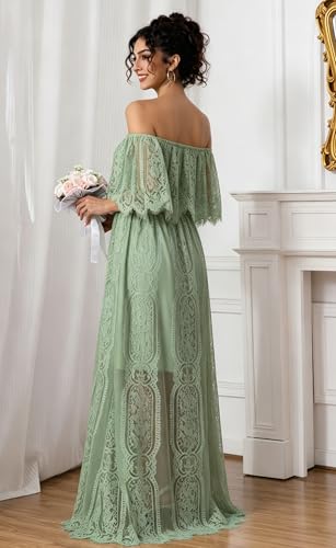 Image of HOYISHION Women's Off The Shoulder Floral Lace Maxi Dress White Bridesmaid Wedding Party Maternity Photoshoot Long Dresses
