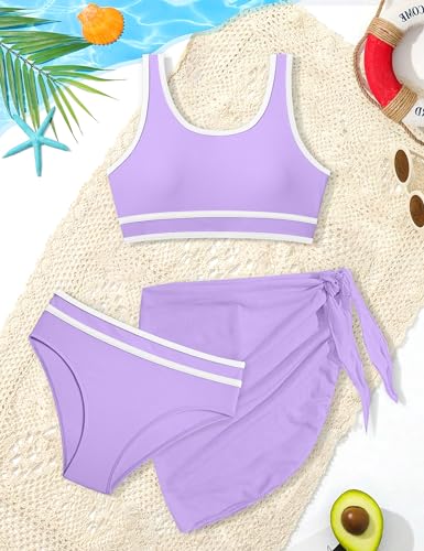 Image of Girls Swimsuit Double Strap High Waist Sporty Bikini Swimsuits Swim Cover Up Skirt 3 Piece Set