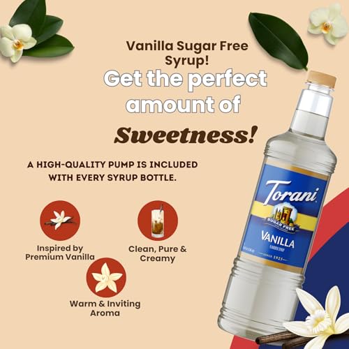 Image of Torani Sugar Free Vanilla Syrup 1 Liter Bottle with Pump Dispenser - Zero Calorie Flavored Coffee Syrup for Lattes, Cold Brews, Teas, Cocktails & Desserts