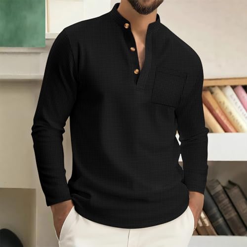 Mens Long Sleeve Button Down Henley Shirts Fashion Collar Waffle Fall Shirt Solid Color Casual Outfits Clothes 20252