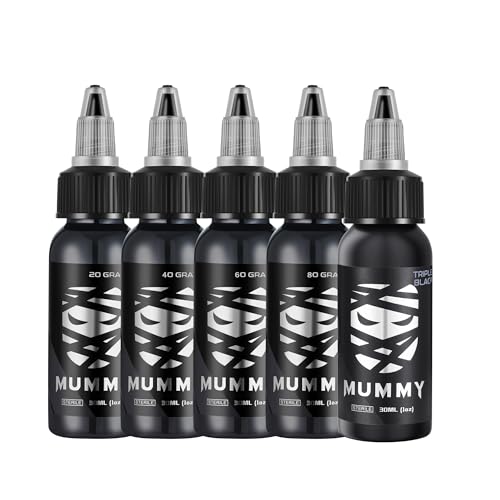 Mummy Greywash Tattoo Ink Set - 5 Bottles (1 oz Each) Includes: 20, 40, 60 Greywash, Triple Black