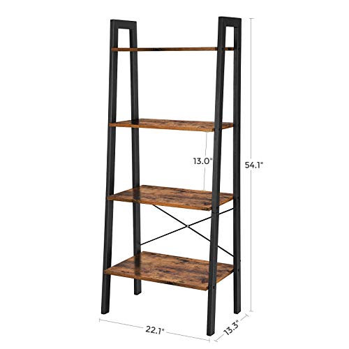 VASAGLE ALINRU Ladder Shelf, 4-Tier Bookshelf, Storage Rack Shelves, Bathroom, Living Room, Industrial Accent Furniture, Steel Frame, Rustic Brown and Black ULLS44X