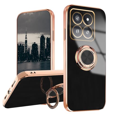 Hlgcokro for Xiaomi 14T Case with Magnetic Stand, Phone Case for Xiaomi 14T Silicone with Ring Holder Shockproof Fundas Slim Thin Luxury Plating Bumper Cover (Black)