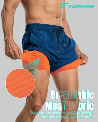 Image of Yufawow Men Swim Trunks with Compression Breathabe Liner Quick Dry Zipper Pockets for Board Beach Gym Running