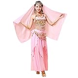 Xinvivion 4 Stück Damen Frauen Bauchtanz Professionel Kostüm Set Indischer Tanz Performance Outfit Anzug (Rosa,Fit 45-70 KG)