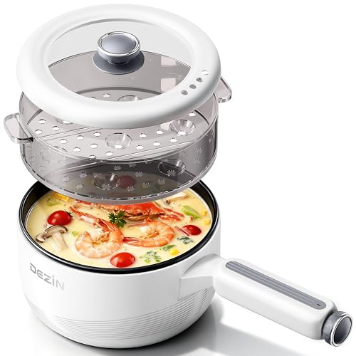 Image of Dezin Electric pot with Steamer, 2L Non-Stick Sauté Pan, 5-in-1 Multifunctional Hot Pot Electric for Steak, Fried Rice, Oatmeal, Soup, Dual Power Control, Portable Pot for Dorm, Office & Small Kitchen
