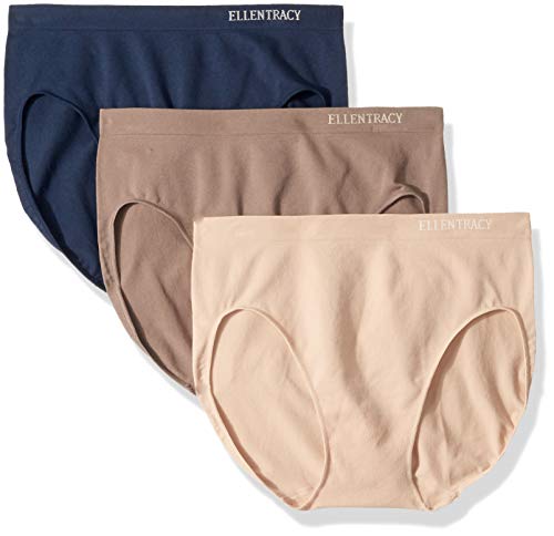 ELLEN TRACY Women's Hi Cut Seamless Logo Panties, 3 Pack, Dark Navy/Sun Beige/Mocha