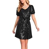 YYPBI Pailletten Kleid Damen V-Ausschnitt Kurzarm Kleid Elegant Mini Kleid Cocktailkleid Partykleid Schwarz L