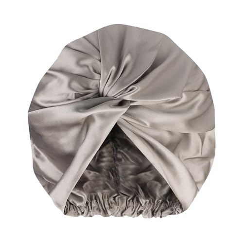 SILKTALE 100% Mulberry Silk Bonnet for Sleeping Sleep Cap for Women/Men,Double Layer 19 Momme Grade 6a Turban for Curly Hair Grey - Image 2