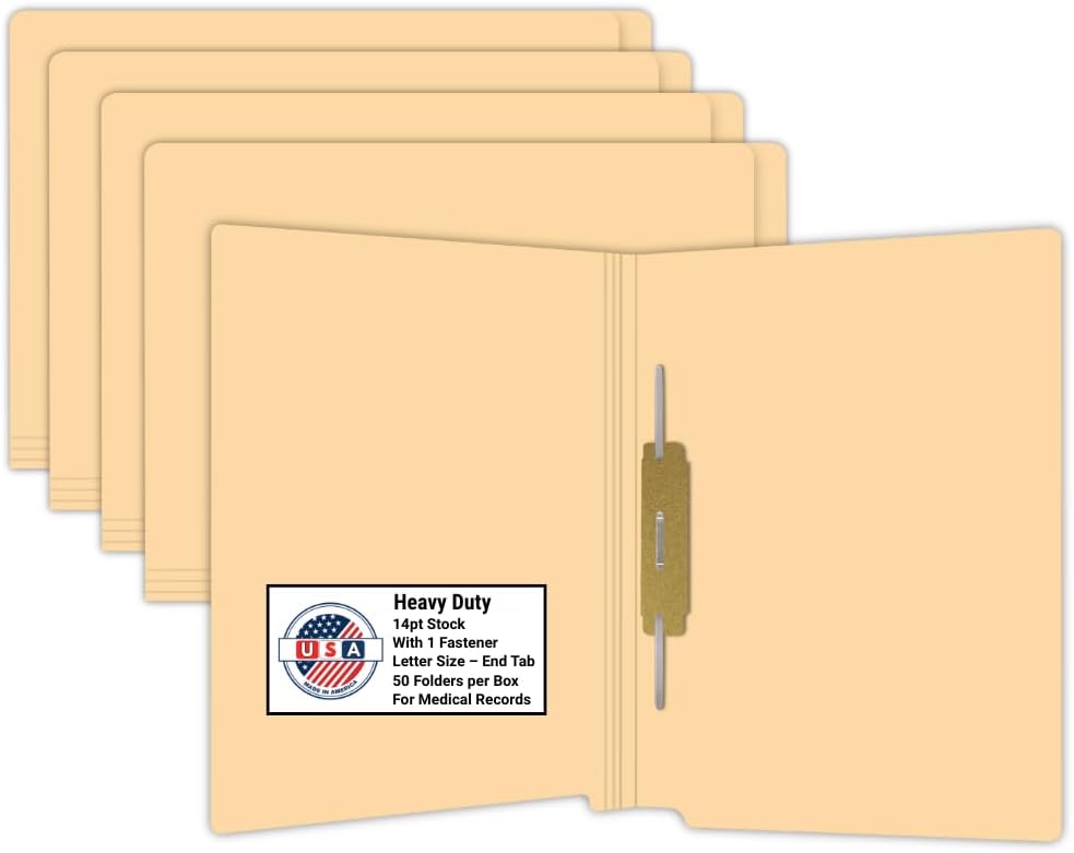 End Tab File Folders with 2″ Bonded Fastener for Medical Charts, Doctor Stuff, Heavy Duty 14pt Reinforced Folder for Patient Records Organization, Tan, Made in USA Box of 50