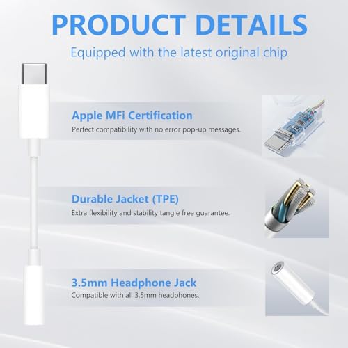 Seulliya USB C to 3.5mm Headphone Jack Adapter for iPhone 17/16/15 Pro/Max, Hi-Res Audio DAC Dongle, 3.5mm Aux Cord Converter for Samsung Galaxy, iPad, Car, USB-C Devices 2Pack - Thumbnail 3