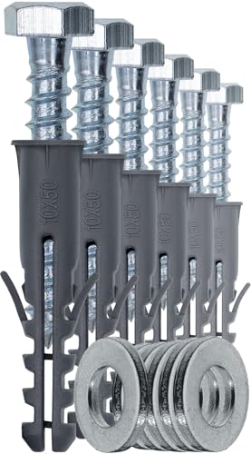 1STec 6 x M10 x 50 mm Strong Galvanised Satellite Anchor Nylon Mungo Wall Plug + Heavy Duty Coach Screw with 13mm HEX Bolt Head for Fixing Aerial Mast Sky Dishes TV Mount Brackets Shelving Racking