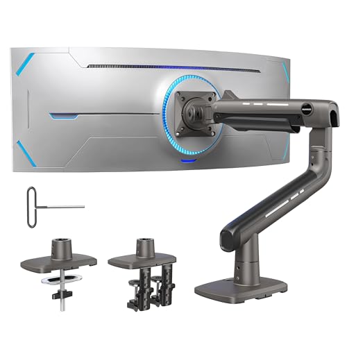 HUANUO Heavy Duty Monitor Arm for Ultrawide Screens up to 49″, Holds 40 lbs,Aluminum Ultrawide Screen Desk Mount,Fully Adjustable Single Monitor Mount with C-clamp, Grommet Base, Max VESA 100×100