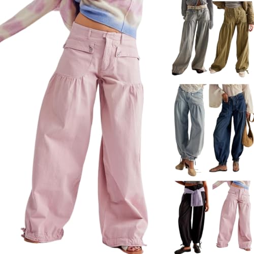 Lotus Tube Jeans for Women,Mid Rise Lotus Ruffle Jeans,Casual Loose Wide Leg Denims with Adjustable Drawstring